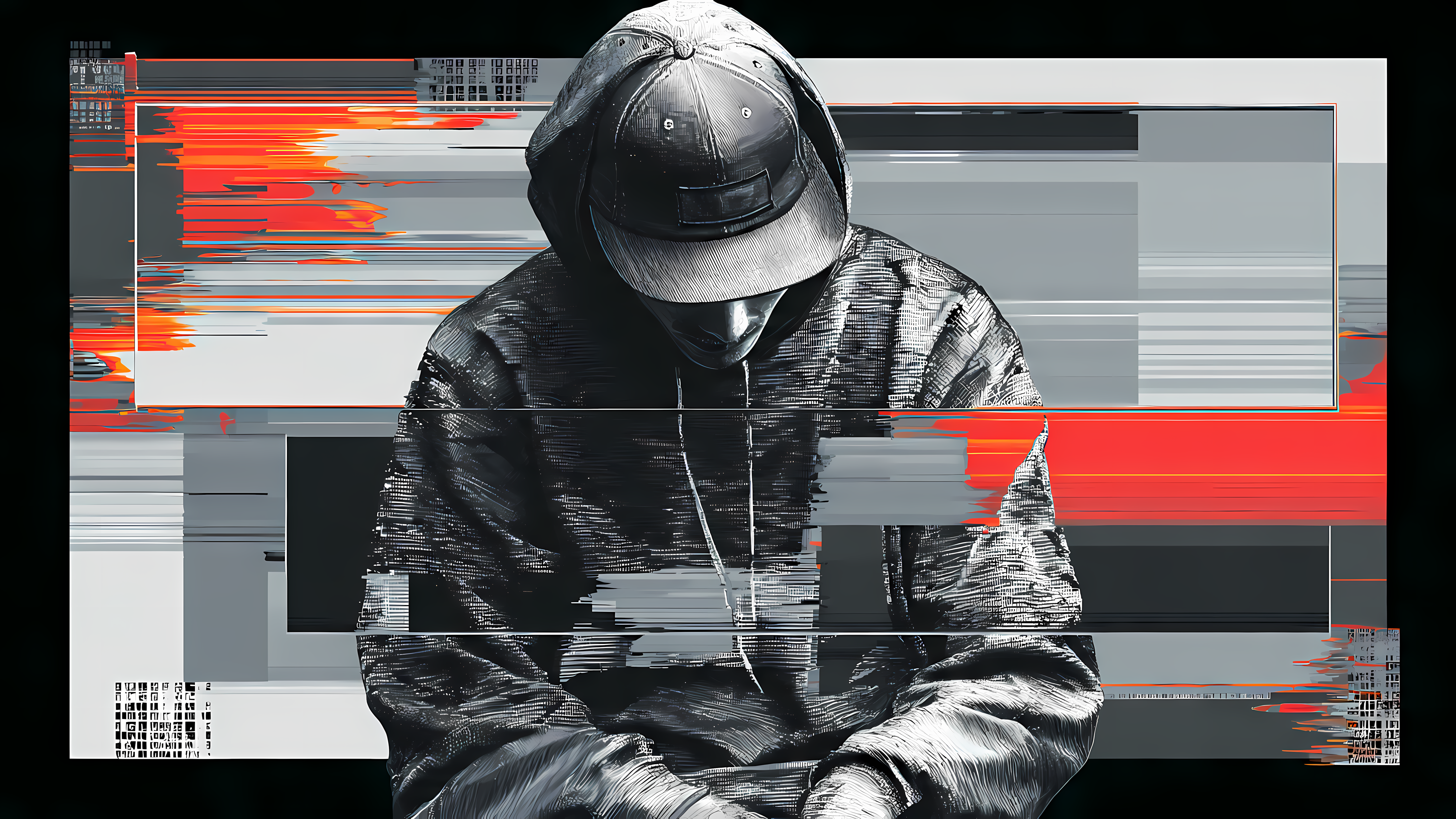 Person wearing a hooded jacket with digital glitch effect